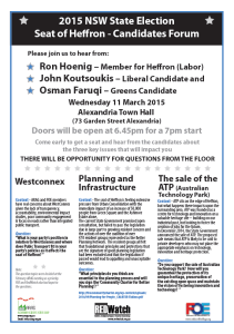 Heffron Meet the Candidates, 11 March, 7pm, at Alexandria Town Hall